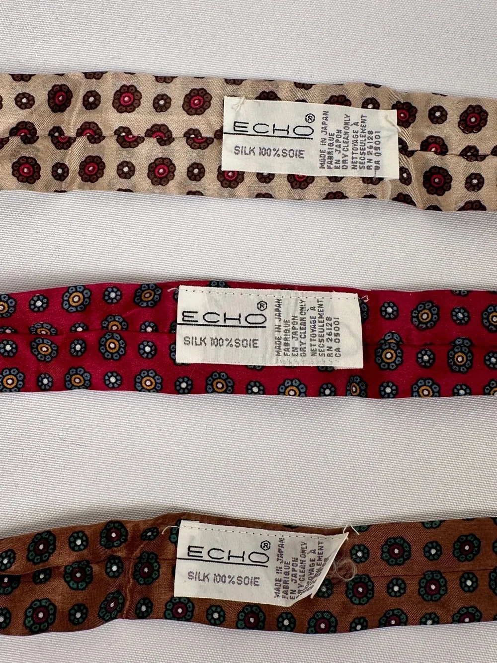 Echo 100% Silk NWT Vintage Ascot Cravat Scarf Trio Burgundy, Beige & Brown